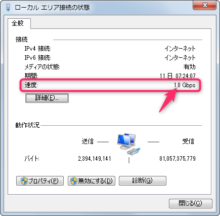 「ローカルエリア接続の状態」（または「イーサネットの状態」）ウインドウ