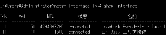 コマンドプロンプト（netsh interface ipv4 show interface）