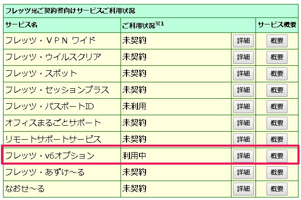 サービス情報サイト（NTT）の「フレッツ・v6オプション」が&quot;利用中&quot;