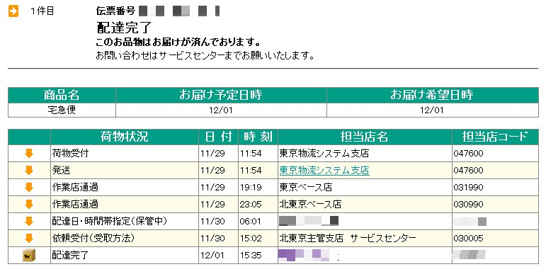 ヤマト運輸配送状況