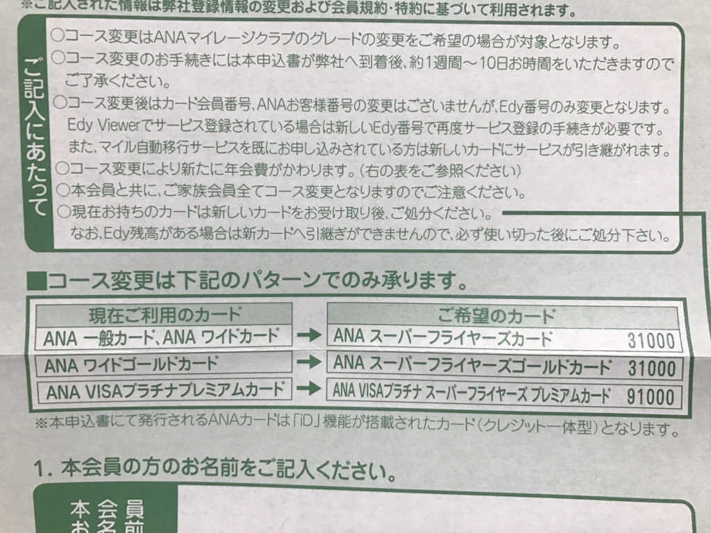 ANAスーパーフライヤーズコース変更申込書